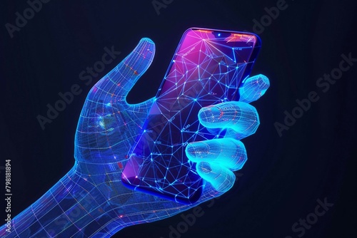technology in electronics, digital blue low poly hand holding a smartphone with glowing data streams, ai in mobile applications, virtual assistants, communication platforms ,connectivity.