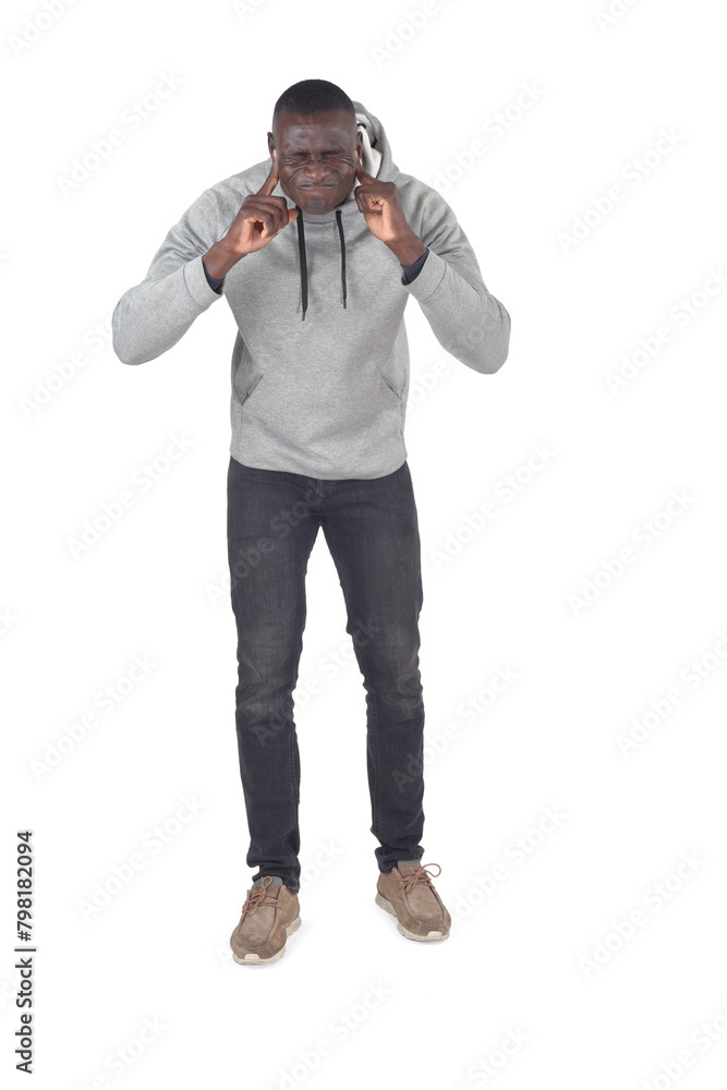 front view of a man covering her ears from noise on white background front view of a man covering her ears from noise on white background