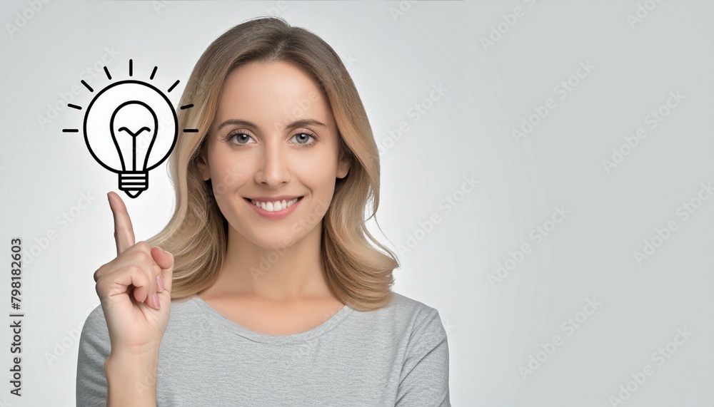 Woman with an Idea - Visualization of Having an Idea - Innovative and Creative Woman - Iconography of a Light Bulb representing an idea Woman with an Idea - Visualization of Having an Idea - Innovative and Creative Woman - Iconography of a Light Bulb representing an idea