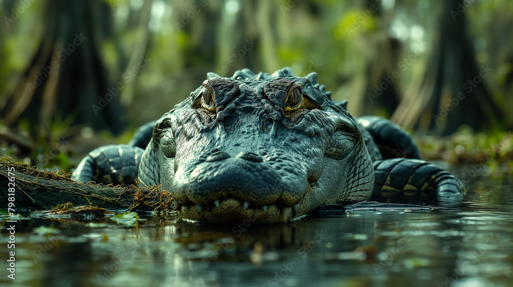 Obraz premium Swamp Sentinel: Amidst the tangled roots and murky waters of a swamp, an alligator rests on a half-submerged log, its reptilian gaze fixed on the surrounding expanse. Moss-covered