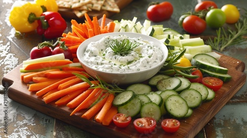 Vegetable crudites platter on wooden cutting board with carrot sticks, cucumber slices, bell pepper strips, cherry tomatoes with tzatziki