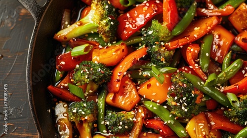 Plant-based meal with a vegetable stir-fry served in a cast iron skillet. Stir-fried vegetables: bell peppers, broccoli, carrots, peas in soy sauce