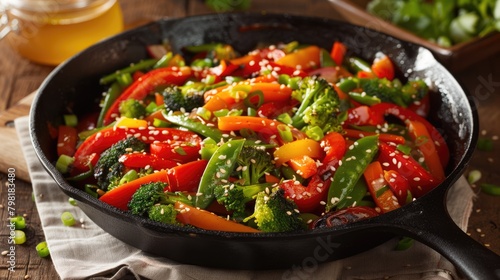 Plant-based meal with a vegetable stir-fry served in a cast iron skillet. Stir-fried vegetables: bell peppers, broccoli, carrots, peas in soy sauce