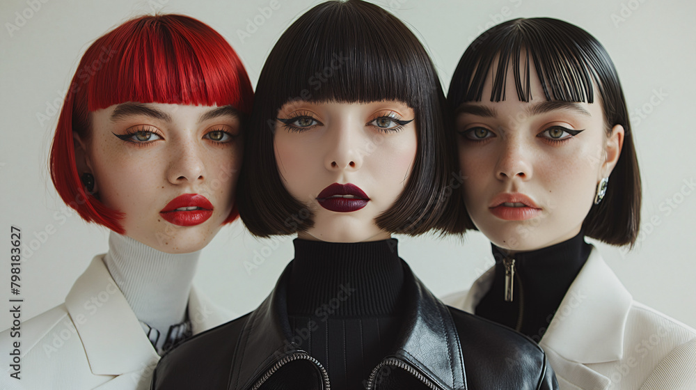 Three stunning women with bob hairstyles in black and red. Three stunning women with bob hairstyles in black and red.