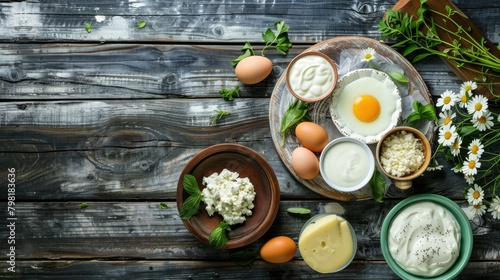 Farm-to-table meal with a selection of farm-fresh dairy products and eggs served on a rustic wooden platter. Variety of cheeses, yogurt, fresh herbs
