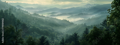 A panoramic view of the Great Smoky Mountains, covered in dense green forests and misty hills