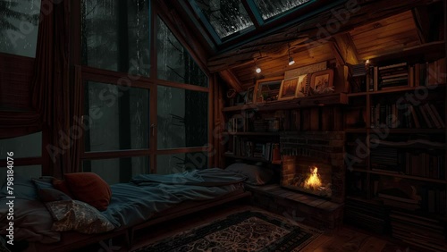 Alone in Cozy Cabin Log sleep well tonight rain pouring out Porch at mid night forest photo
