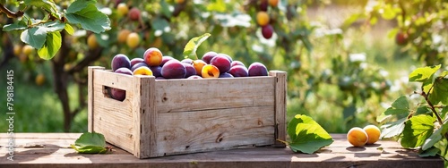 Fresh сливы in a wooden box на столе, blurred nature background. Organic plums in a wooden box on the field. Space for text, mockup. photo