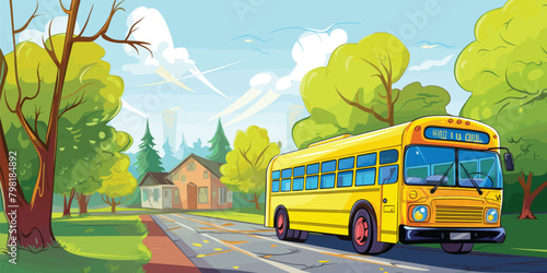 Children's Illustration, School Bus Driving Through Suburban Neighborhood, School Vector