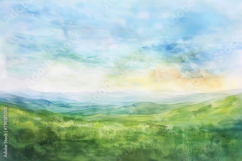A beautiful painting of a green hilly landscape with a blue sky and white clouds.