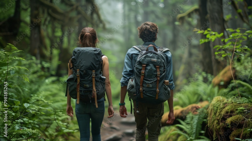 Two people are walking in a forest, one of them is wearing a backpack