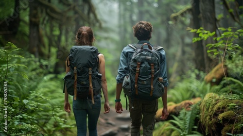 Two people are walking in a forest  one of them is wearing a backpack