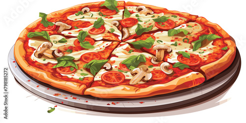 Pizza vector, Food Illustration, Mouthwatering Pizza with Fresh Ingredients and Basil Leaves