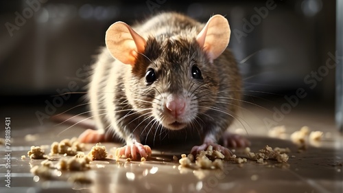 Rat with brown fur  small beady eyes  and long whiskers consuming crumbs on the kitchen floor. The rat is positioned close-up  with crumbs scattered around it. The kitchen floor is tiled with light-co