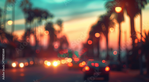 A blurred focus background with Coastal road at sunset with traffic and palm trees. California lifestyle and travel concept. Image with copy space for music album or material for a car rental service