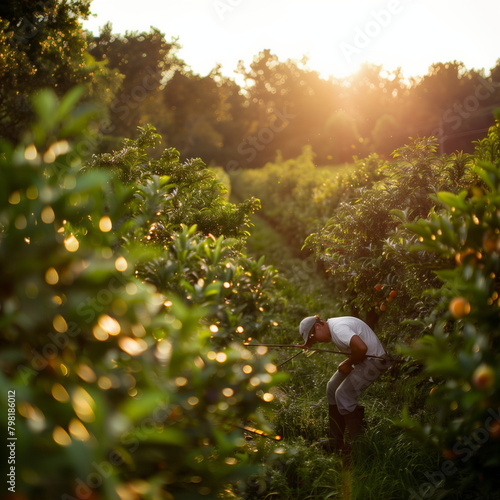 Plucker Picking Peaches in a Deep Orange Orchard at Sunset photo