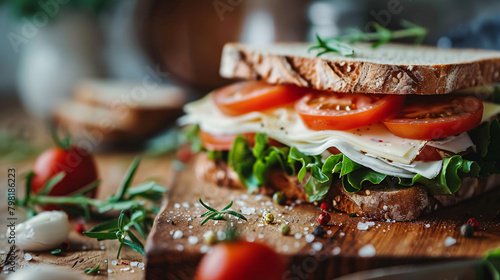 Fresh sandwich on cutting board with healthy