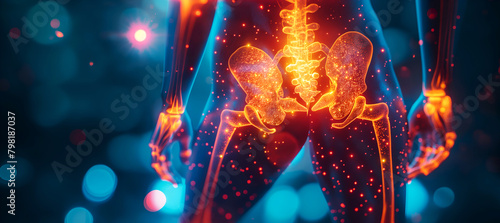 Fiery visualization of hip joints in 3D. Illuminated human hip anatomy artwork. Digital art of inflamed hip joints. photo