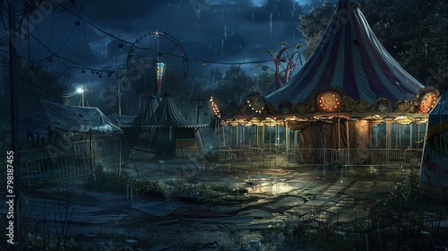 An abandoned carnival at night, with decrepit rides and faded circus tents, where the laughter of ghostly performers can still be heard photo