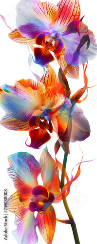 A watercolor painting of rainbow orchids on a black background.