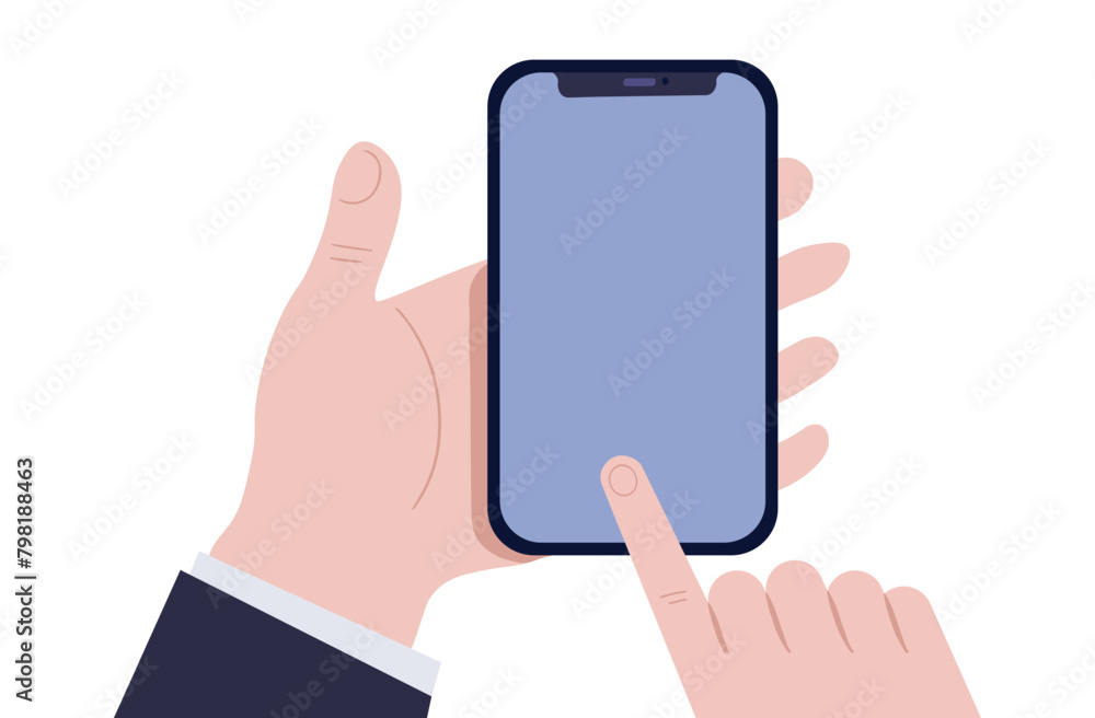Phone with empty screen in hand. Touching screen with finger. Vector illustration in flat style isolated on white. Phone with empty screen in hand. Touching screen with finger. Vector illustration in flat style isolated on white.