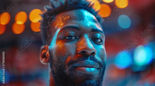 Close Up of a Man With Blue and Orange Paint on His Face. Generative AI