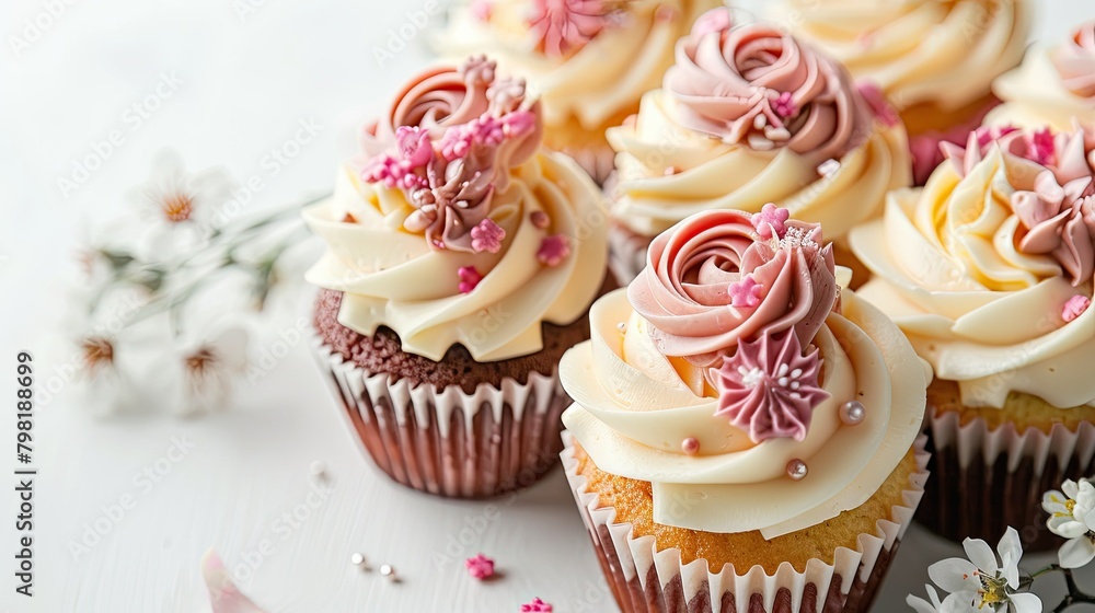 Delicious Mother s Day cupcakes displayed on a pristine white backdrop Delicious Mother s Day cupcakes displayed on a pristine white backdrop