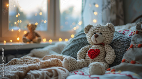 A charming toy teddy bear with a red heart-shaped patch sewn onto its chest sitting on a bed covered in cozy blankets and surrounded by pillows