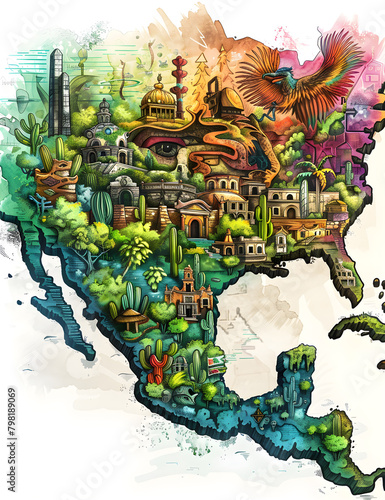 A colorful drawing of the United States and Mexico