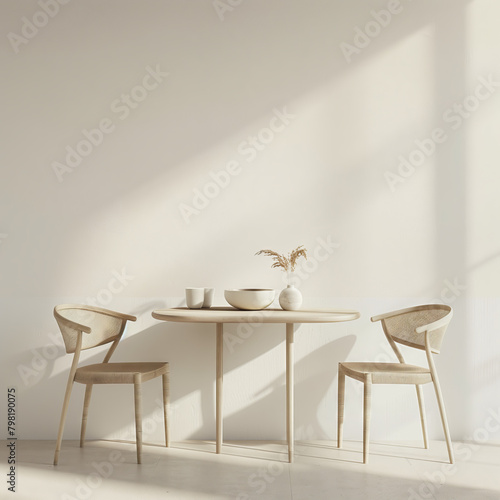 Serene Dining Space in Soft Morning Light. A minimalist dining area basks in the soft glow of morning light, highlighting an elegantly simple table setting for two