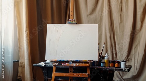 Artist's Beginning: Blank Canvas on Easel. An empty canvas awaits the artist's touch, framed by the soft daylight and the quiet promise of creation photo