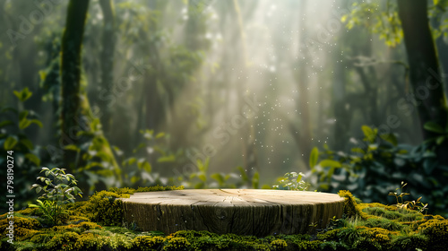 A round wooden podium with moss on the bottom, set against an enchanted forest background