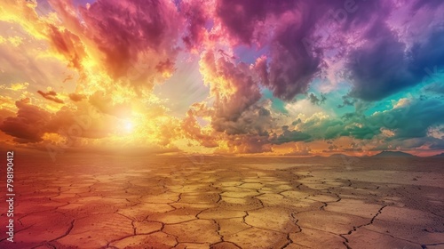 Psychedelic sky radiates vibrant hues over a surreal deep-cracked desert floor offering an otherworldly scenic view photo