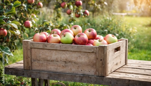 Red apples in a wooden box on a wooden table on a blurred background of an apple grove. Ripe organic apples in a wooden boxes on the background of an apple orchard.