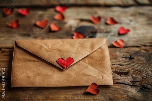 Valentines day love letter envelope with paper craft hearts photo