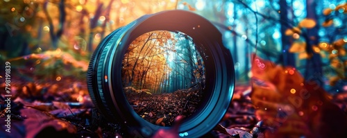 Obraz na płótnie camera lens highlighting the vibrant, verdant beauty of a forest, reveling in the art of photography. w salonie