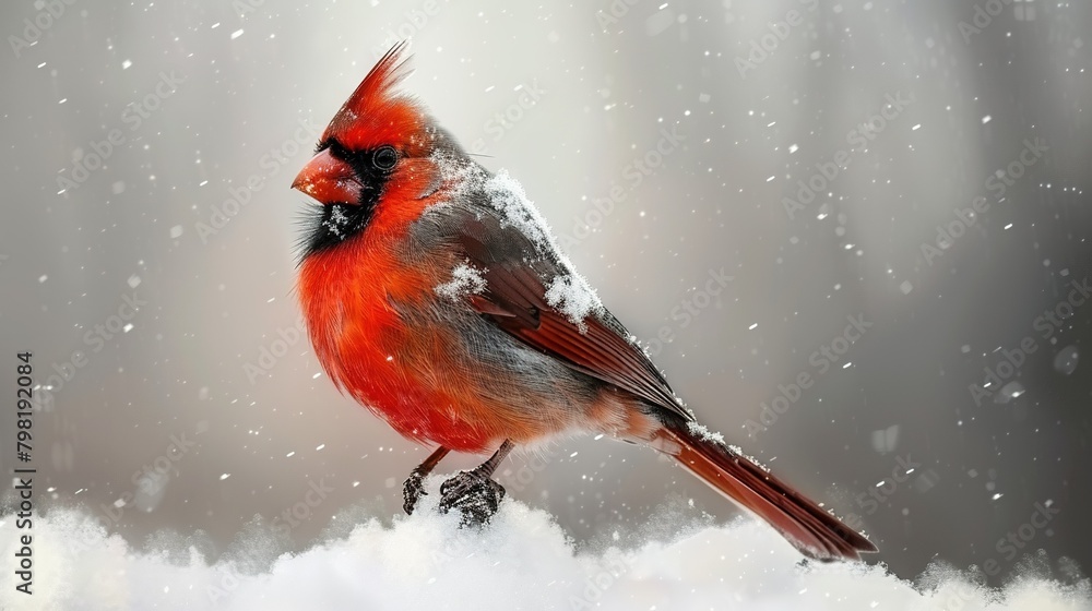 Red and black bird on snow-covered ground with snowflakes on wings Red and black bird on snow-covered ground with snowflakes on wings