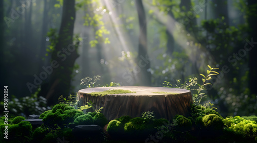 A round wooden podium with moss on the bottom, set against an enchanted forest background