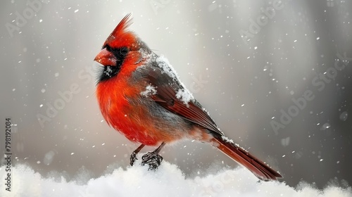  Red and black bird on snow-covered ground with snowflakes on wings