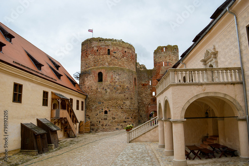 Bauska Castle courtyard in Bauska, Latvia. Historic medieval fortress with stone towers and traditional architecture in the Baltic region.