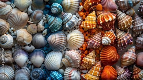 A collage of colorful seashells collected along the shore, encouraging mindfulness of our impact on marine habitats and ecosystems. world oceans day
