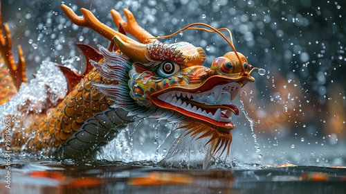 Dramatic shot of a dragon boat's dragon head breaching through a spray of water - dragon boat parade