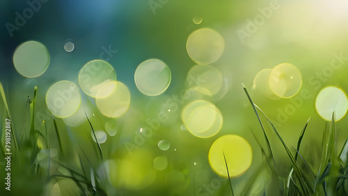 An abstract bokeh banner background characterized by shimmering green hues and vibrant summer colors, accentuated by bright bokeh lights.