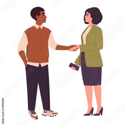 Business people shaking hands. Office characters handshake, busy colleagues greeting or agreement gesture flat vector illustration. Business handshake scene