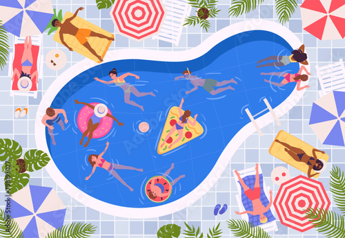 Cartoon swimming pool scene. People sunbathing, swimming and floating on inflatable rings in swimming pool, summer water activities flat vector illustration. Summer pool vacation pastime