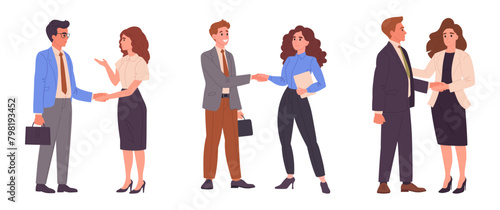 Colleagues shaking hands. Business people handshake, business deal or agreement, men and woman shaking hands flat vector illustration set. Office workers handshake