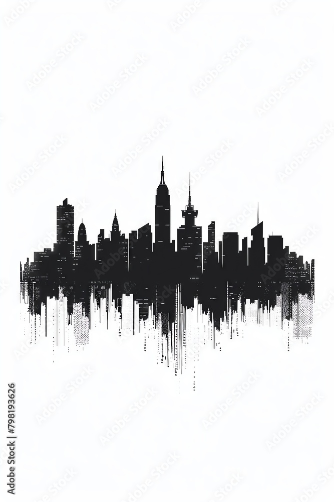 Ultraminimalist silhouette of a cityscape, formed by flat geometric shapes in monochrome black, set against a clean white backdrop, representing the citys most iconic buildings in