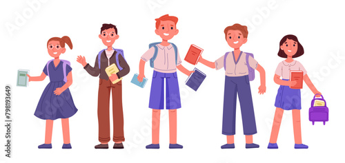 Elementary school students. School children with backpacks and school books, classmates standing together flat vector illustration set. Happy students on white