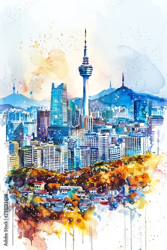 Vibrant watercolor illustration of Seoul s skyline, featuring the iconic N Seoul Tower and modern skyscrapers, set against a backdrop of the Bukhan Mountain range, painted in expre photo