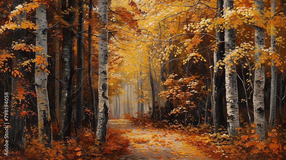 Captivating autumn scene in a dense forestgolden leaves cascading softly to the forest floorcreating a carpet of vibrant yellows and oranges.